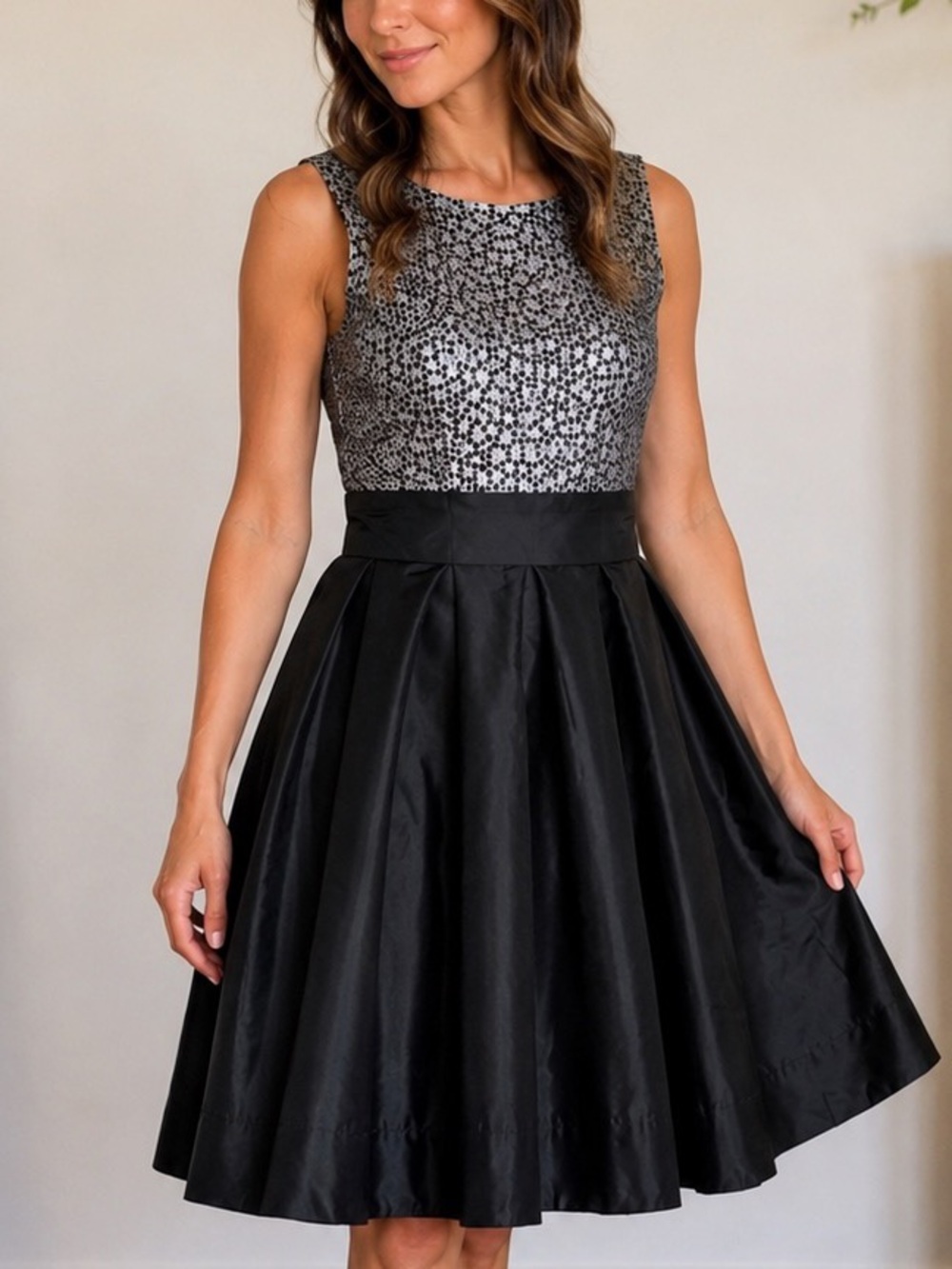 Alexia Admor Metallic Jacquard Fit & Flare Cocktail Dress Black Silver L NWT